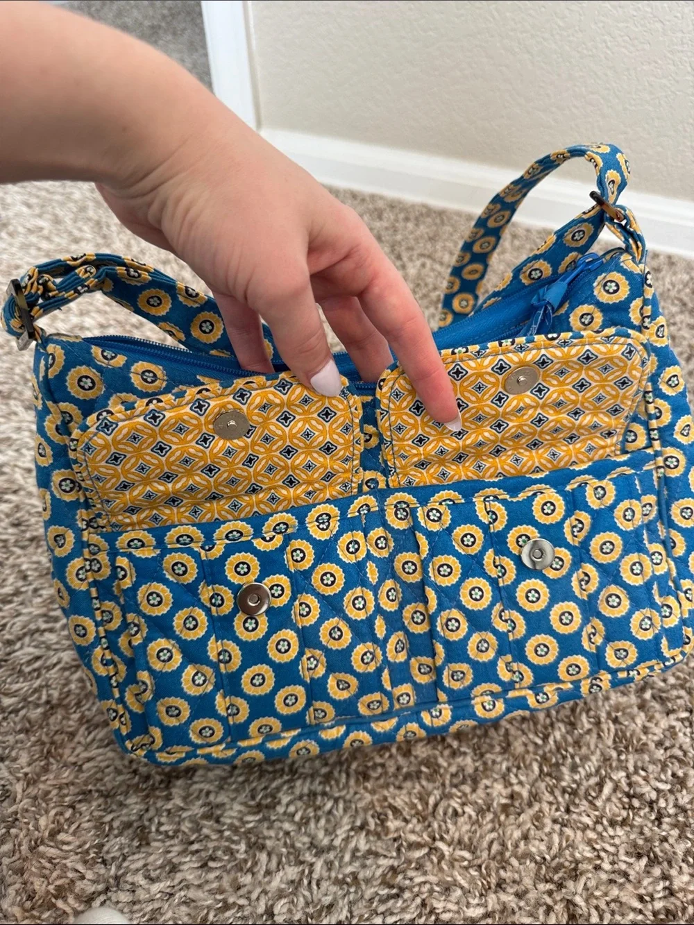 Vera Bradley Blue and Yellow Quilted Floral Circle Shoulder Bag